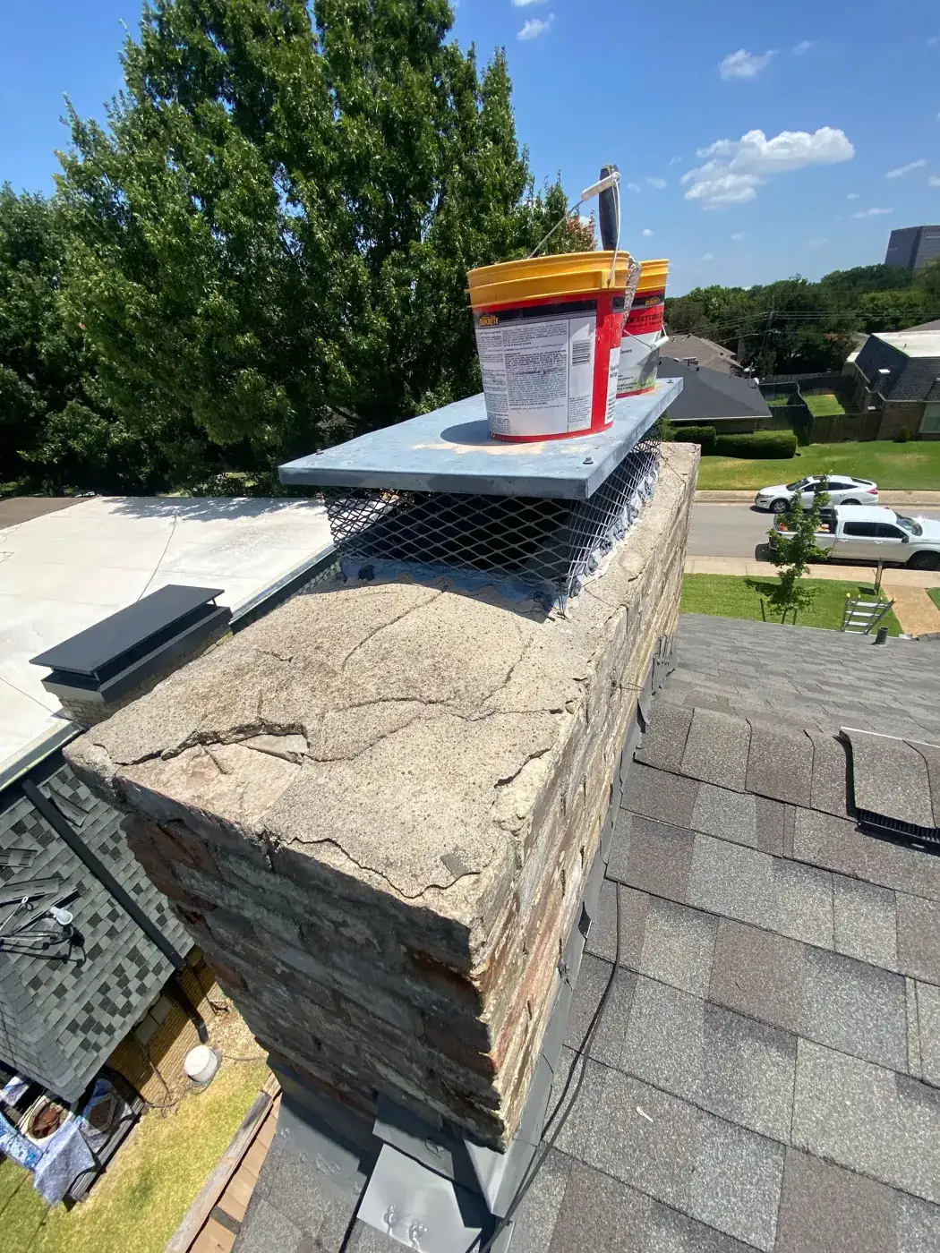 Cracked chimney crown during repair with cap removed