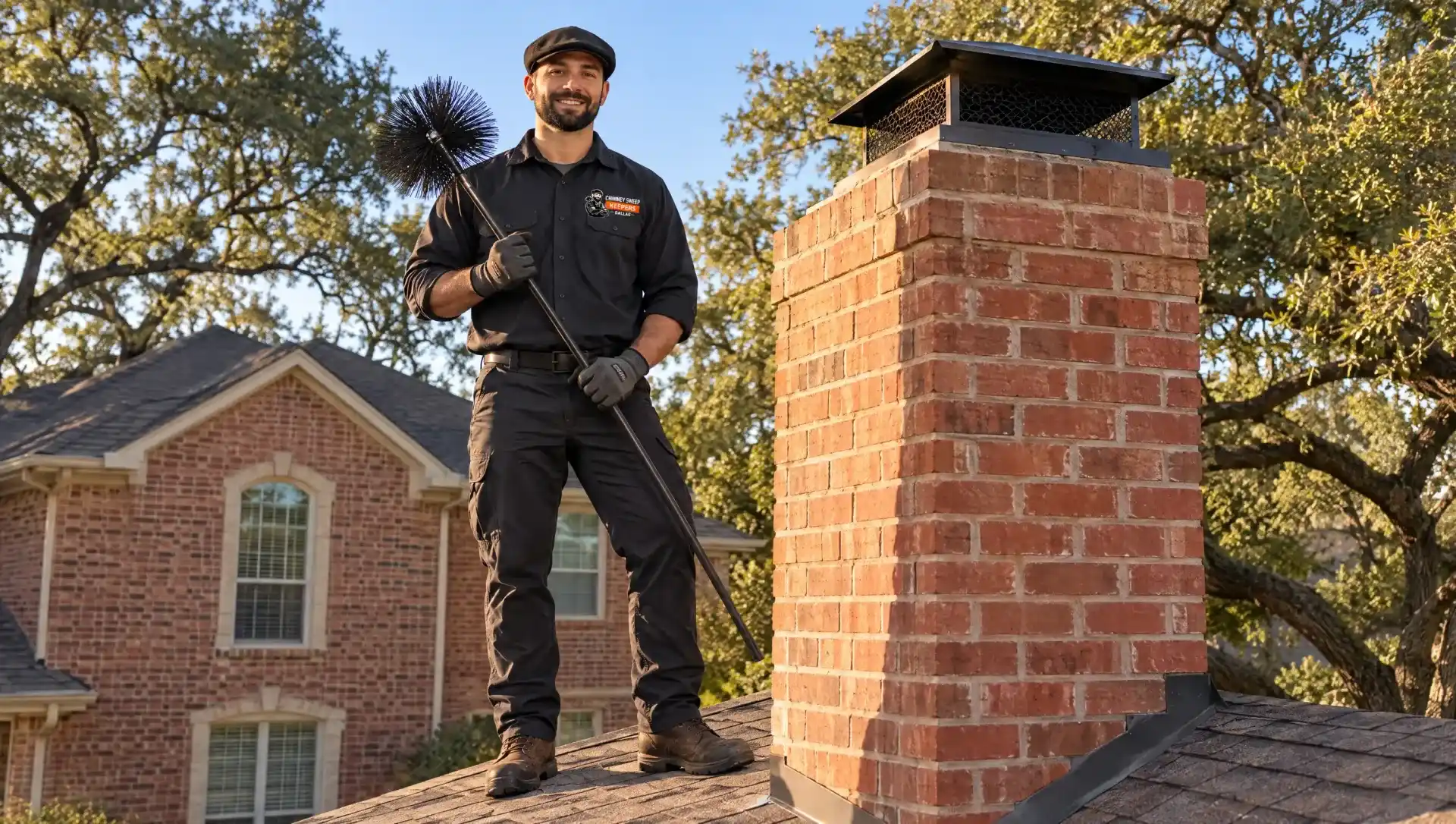 Chimney Sweep Keepers Dallas technician with a chimney brush on the roof of a brick home in Dallas